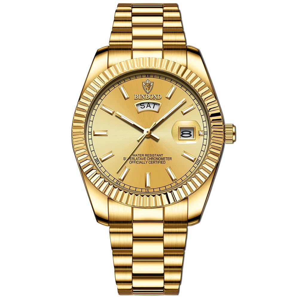 Men's Waterproof Steel Strap Quartz Watch with Calendar Night Light - Business Casual