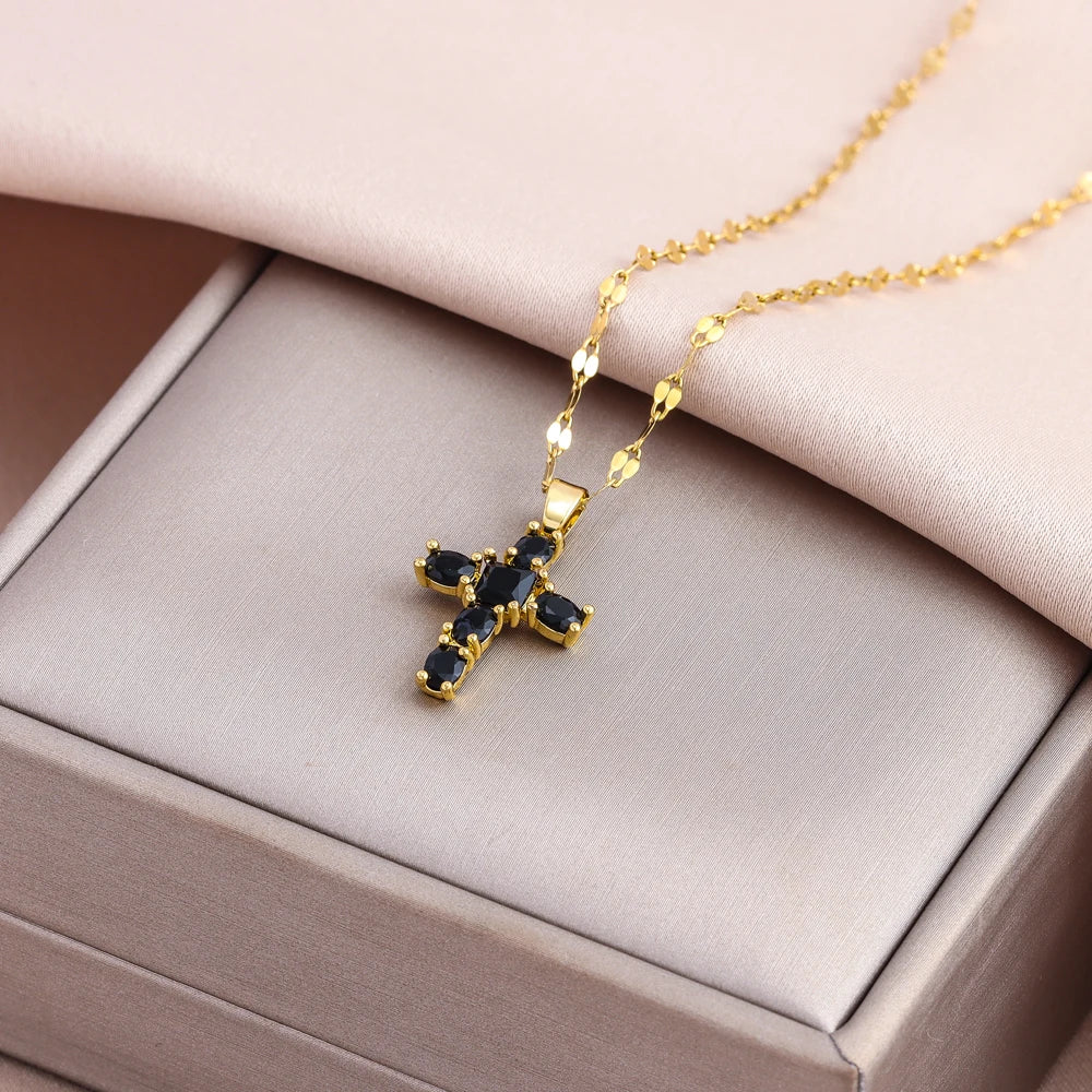 Sparkly Zircon Crystal Cross Pendant Necklace for Women Stainless Steel Chain Jewelry