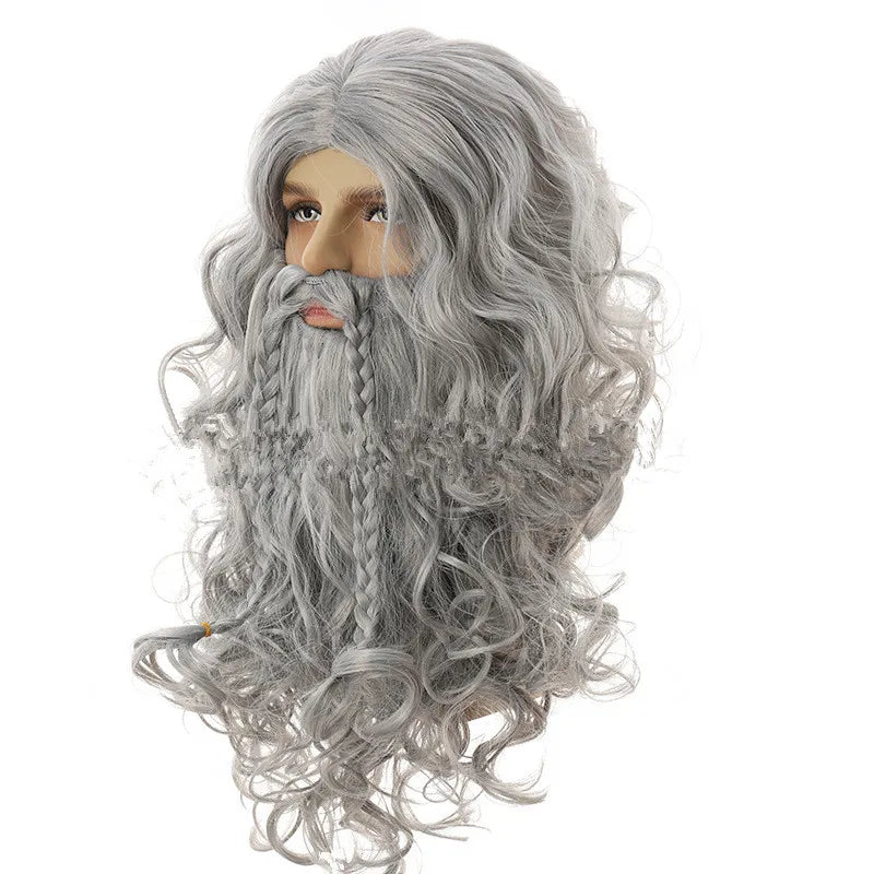 Halloween Men's Wizard Role Play Wig and Beard Set - Silver Grey Cosplay Hair Costume
