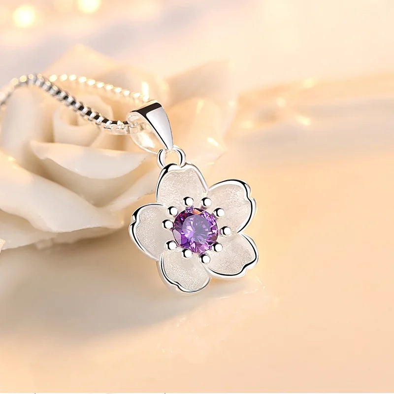 Sterling Silver Pink Purple Peach Blossom Necklace for Women Luxury Jewelry