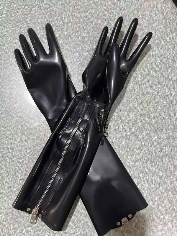 Black Latex Long Gloves with Zipper - Unisex Fashion & Costume Accessory