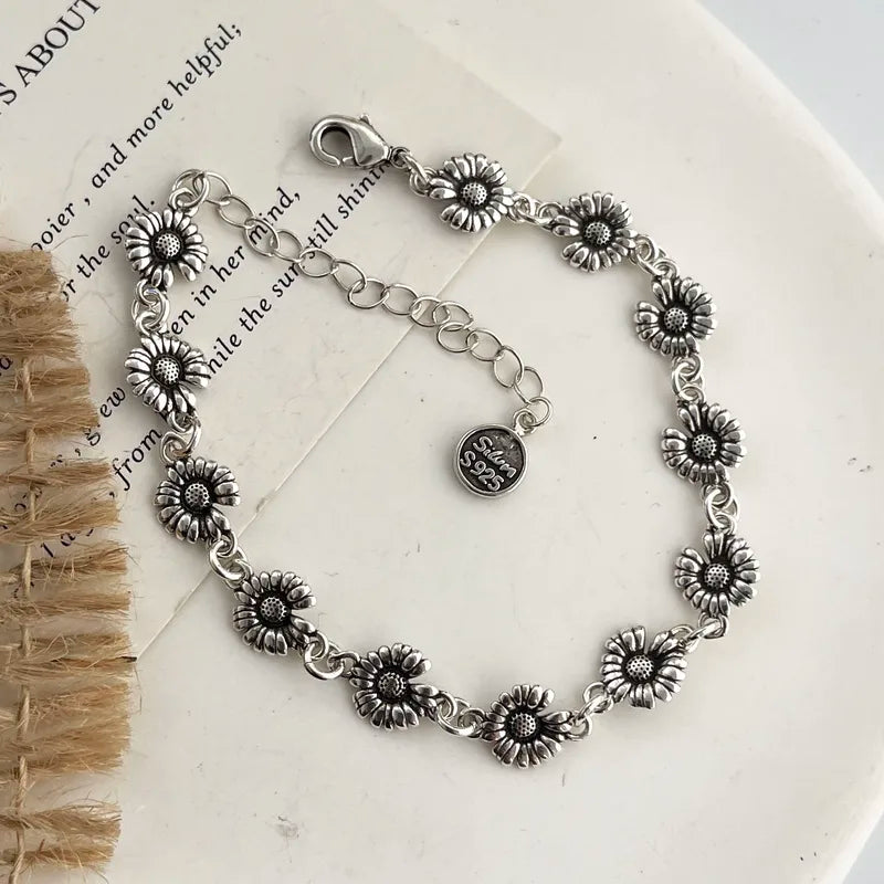 925 Sterling Silver Retro Flower Bracelet for Women & Men Handmade Vintage Jewelry Gift