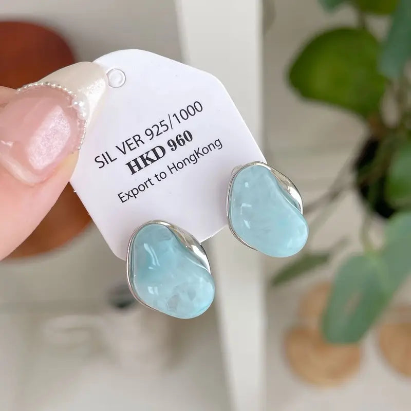 Unique Geometric Bean Stud Earrings with Blue Jelly Resin - Cute Jewelry Gift