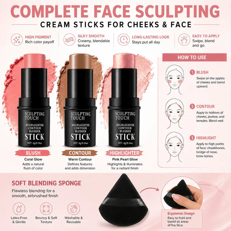 Face Sculpting Makeup Set - Cream Blush, Contour, Highlighter & Sponge