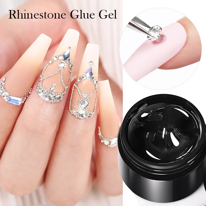 Nail Rhinestone Glue Gel with Mirror Powder and Nail Liner Brush for Nail Art