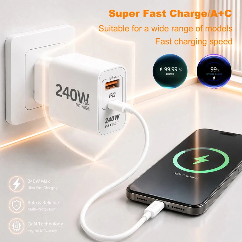 240W GaN USB C Fast Charger for iPhone, Xiaomi, iPad - Worldwide Plug Options