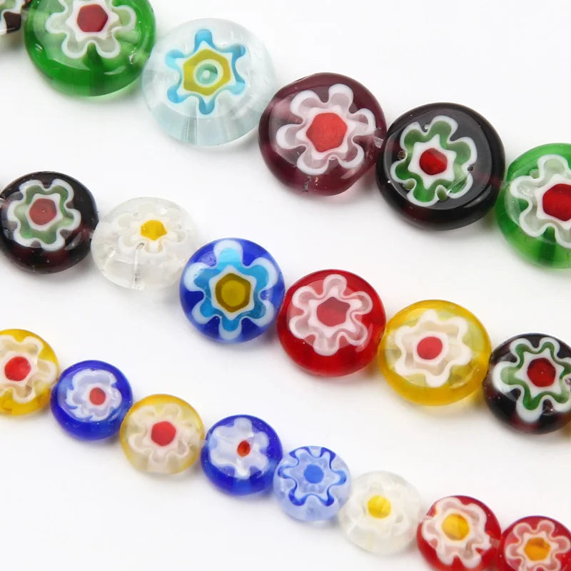 Glass Beads for Jewelry Making - Millefiori Flower Flat Round Spacer Beads