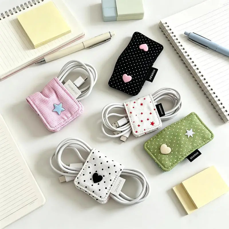 Fabric Earphone & Cable Storage Bag - Handmade Polka Dot Organizer, Portable & Dustproof