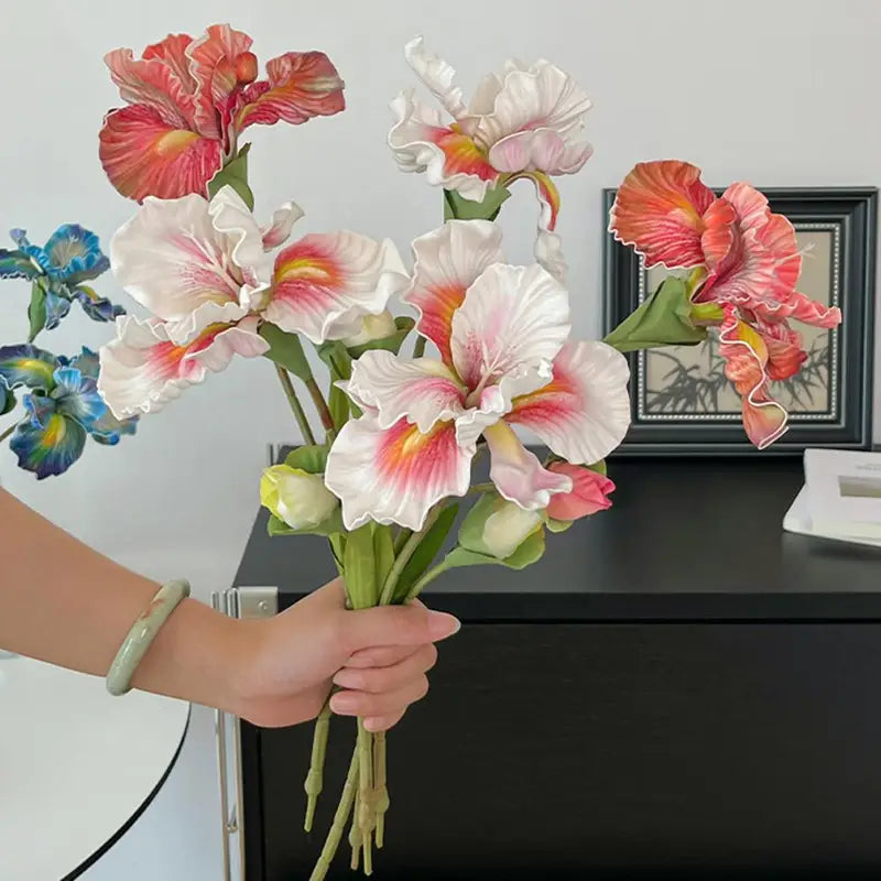 Artificial Iris Flower Bouquet - Real Touch Fake Floral Arrangement for Home Decor