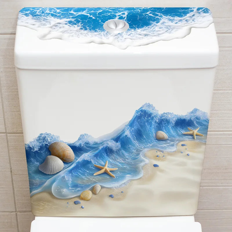 3D Ocean Wave Toilet Sticker - Waterproof Bathroom Wall Decal, Beach Seashore Decor