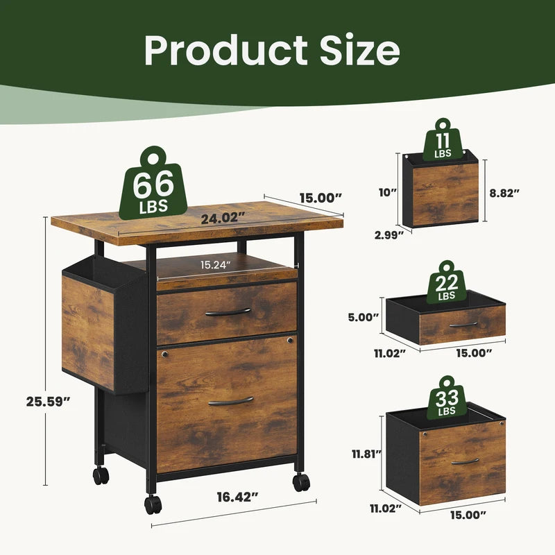 Mobile File Cabinet with 2 Fabric Drawers and Open Shelf — Rolling Printer Stand with Side Storage