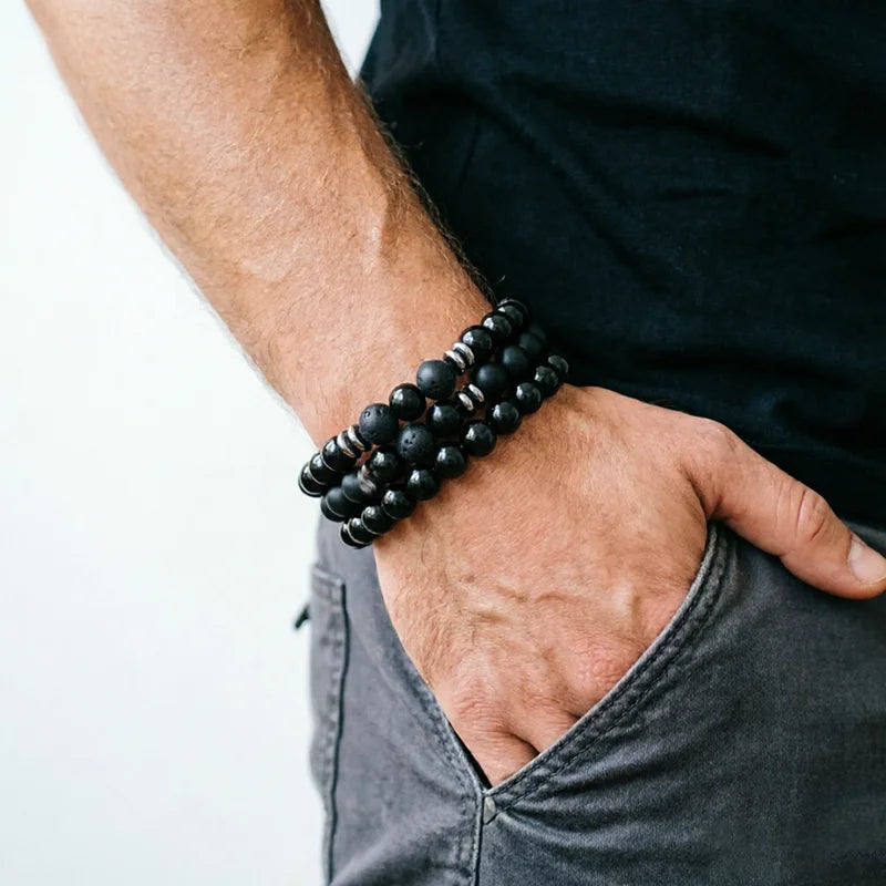 Men's Natural Tiger Eye Lava Rock Beaded Bracelet Set - Stress Relief Yoga Accessory