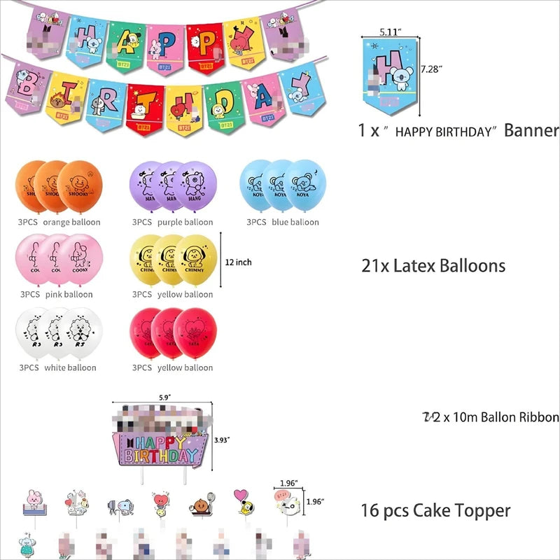 BT21 Birthday Flag and Balloon Decoration Set - Party Supplies for Celebration