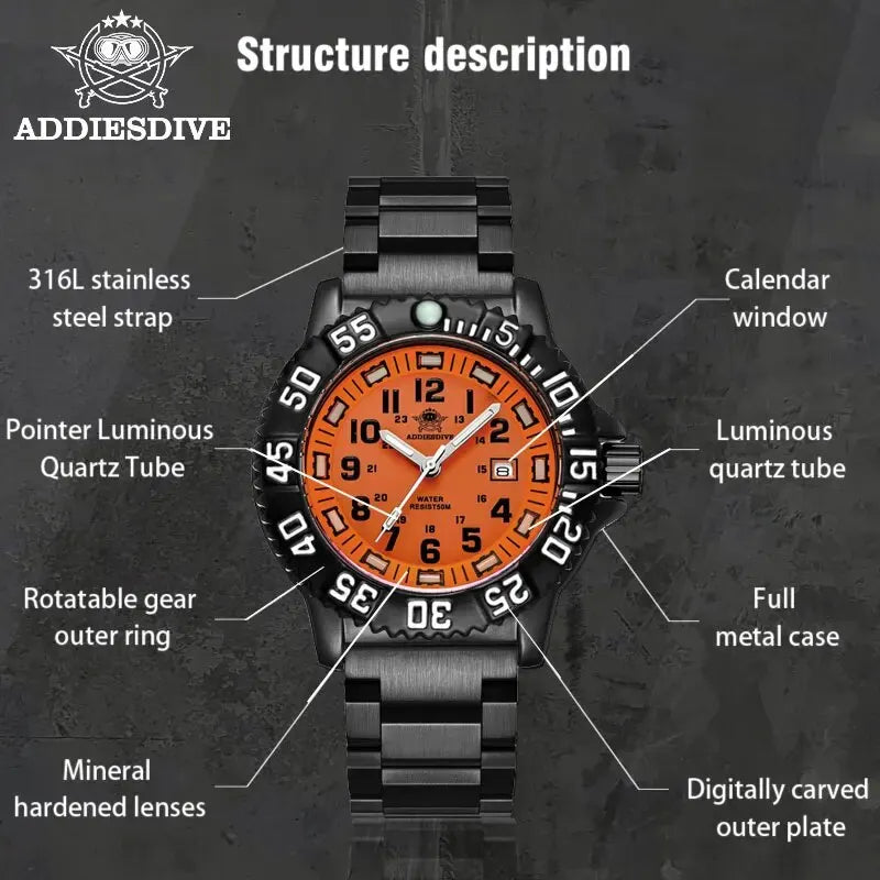 Men's Military Style Waterproof Sports Watch with Luminous Dial and Steel Strap
