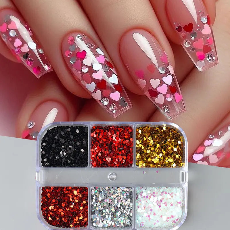 Y2K Heart Glitter Nail Sequins Set - Iridescent Metallic Love for DIY Nails