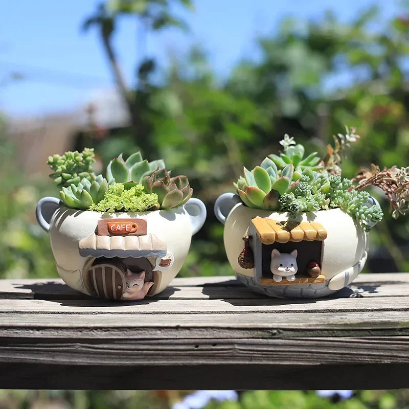 Cute Kitty Fox Small Plant Pot - Resin Succulent Planter for Home Office Decor