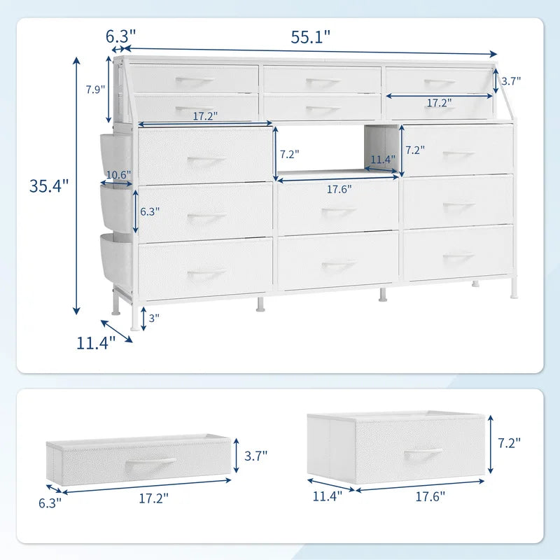 14-Drawer Storage Dresser & TV Stand with Shelves - Wide Fabric & Wood Chest for Bedroom & Living Room