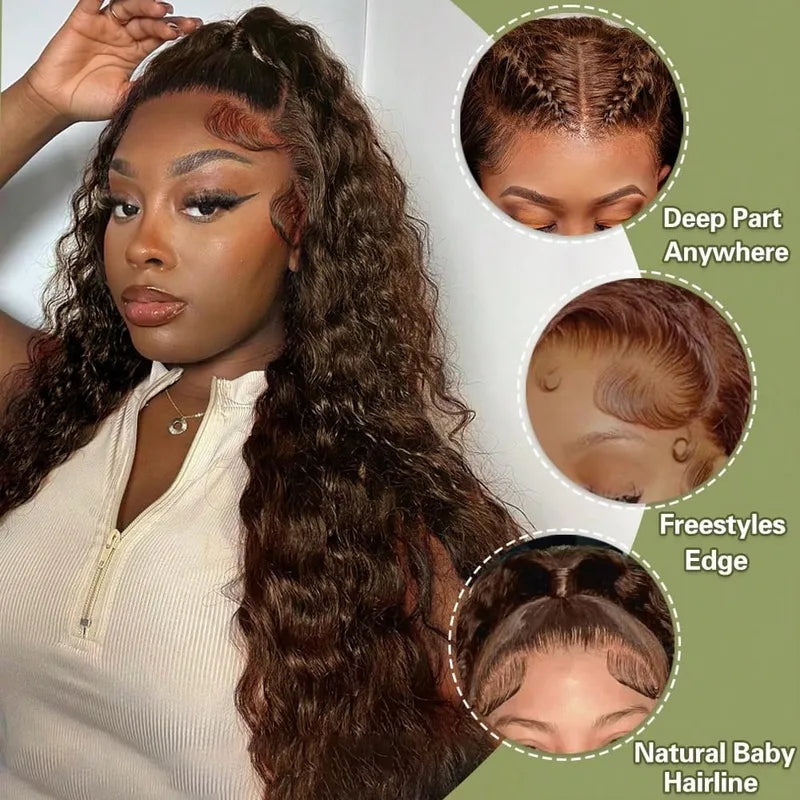 Deep Wave 13x6 Lace Front Wig Human Hair Curly Water Wave Wigs - Brown, 250% Density