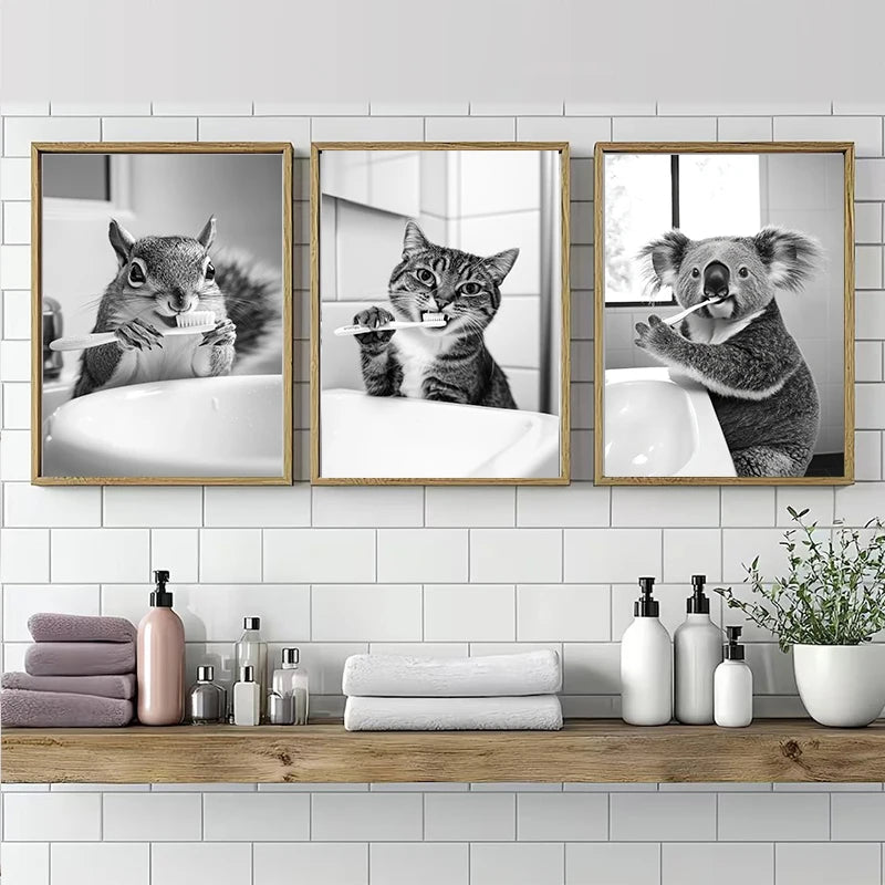 Animal Bathroom Canvas Wall Art - Funny Teeth Brushing Poster Home Decor
