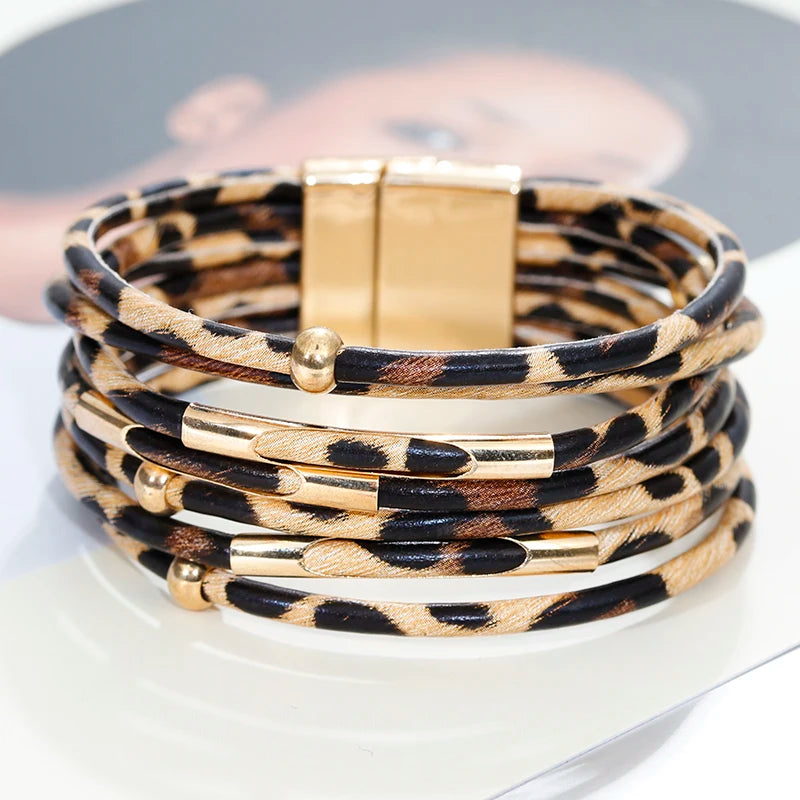 Leopard Leather Wrap Bracelet for Women Wide Boho Multi-Layer Jewelry
