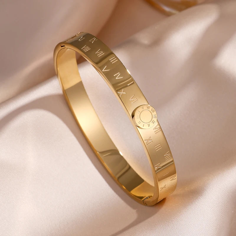 Minimalist Roman Numerals Stainless Steel Bracelet Set for Women - Waterproof Jewelry Gift