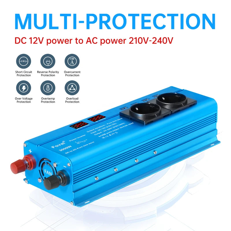 3000W Pure Sine Wave Power Inverter DC12V to AC220V/110V EU US AU Socket USB LED Display