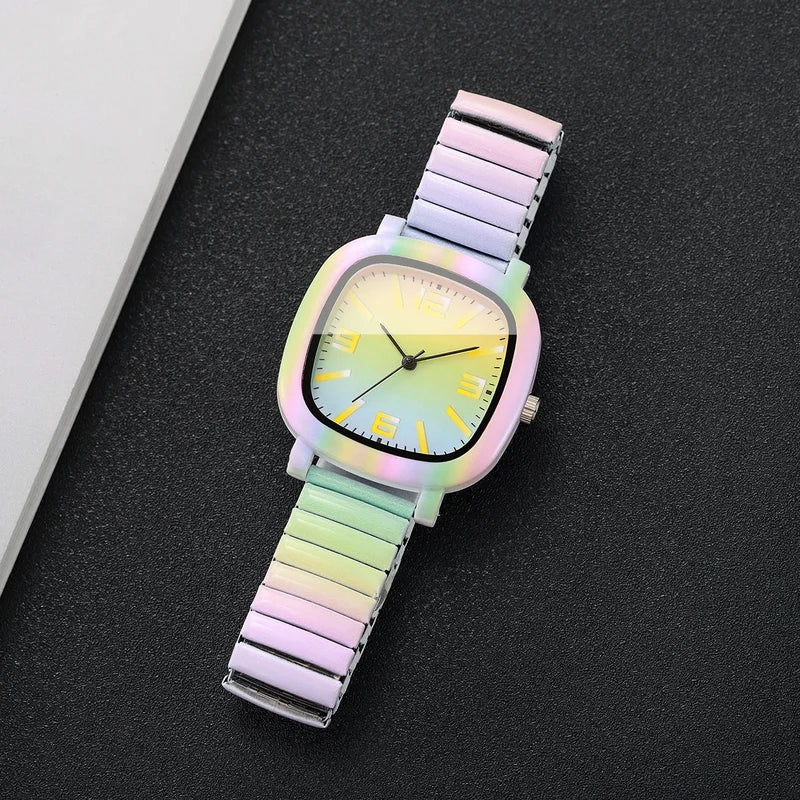 Rainbow Gradient Women Quartz Watch with Colorful Elastic Strap - Ladies Wristwatch