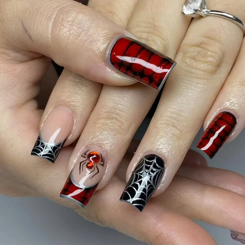 24-Pack Gothic Punk Fake Nail Tips - Spider Design, Press-On Almond Nails