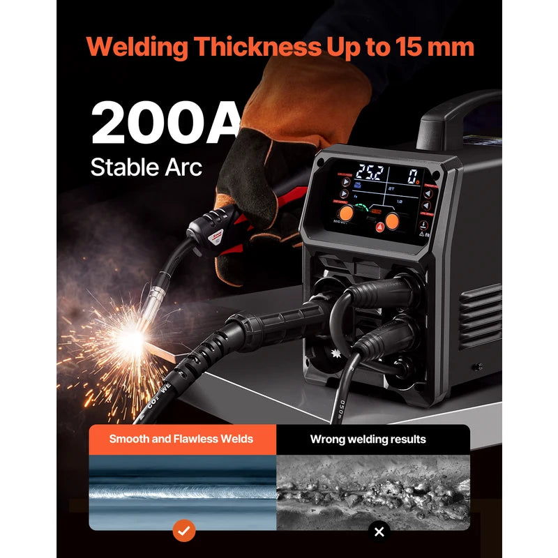 5-in-1 MIG Welder 200Amp Gas & Flux Core MMA TIG with LCD Display