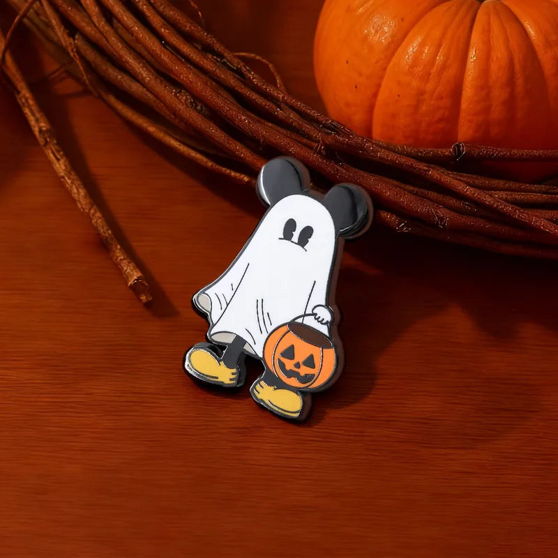 Halloween Ghost Mouse Brooch with Jack-o'-Lantern Cartoon Pin Cute Anime Badge Accessory