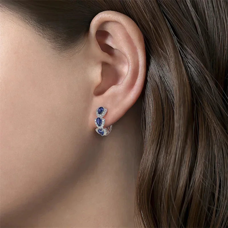 Trendy Blue Cubic Zirconia Hoop Earrings for Women Wedding Party Accessories