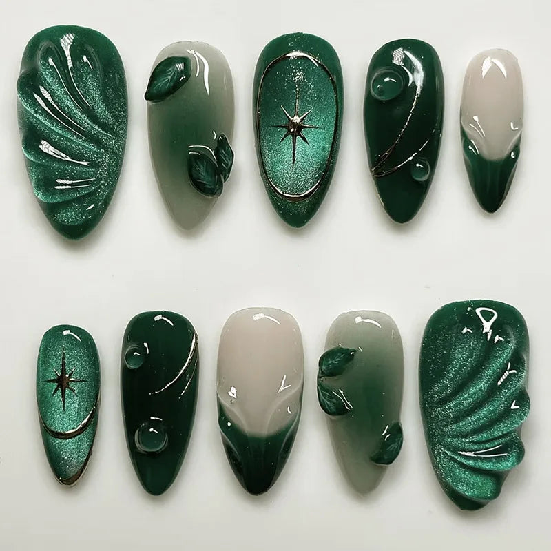 24Pcs 3D Ripple Design False Nails Cat's Eye French Almond Nail Tips - Removable Press On Nails