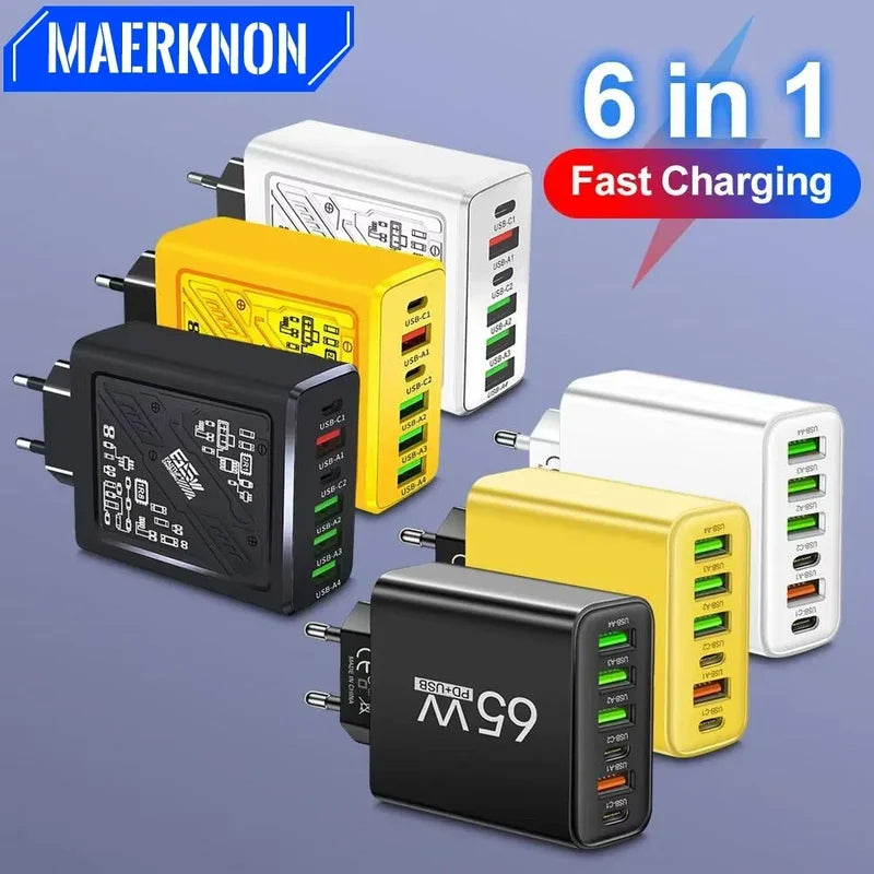65W Multi Ports USB Charger with Fast Charging Type C Phone Adapter - EU/US Wall Plug