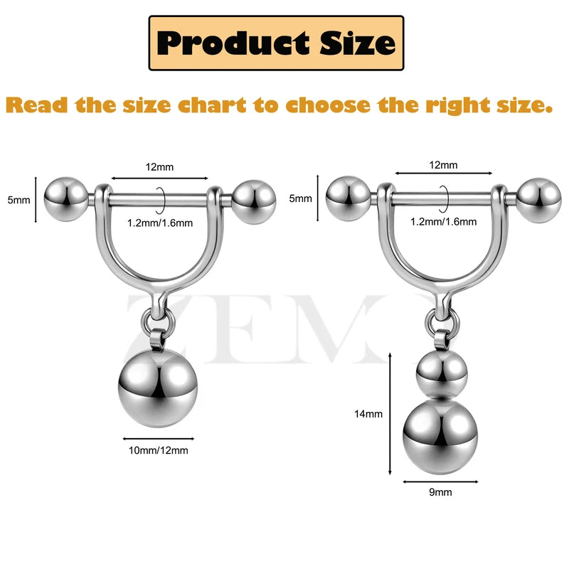 Stainless Steel Nipple Rings Barbell Dangle Piercings 10/12MM - Multiple Variants
