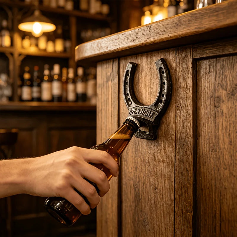 Rustic Cast Iron Horseshoe Bottle Opener Wall Mount Vintage Beer Cap Opener