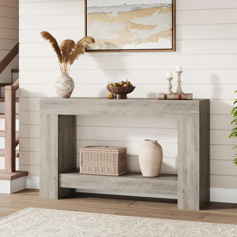 Farmhouse 47-Inch Wooden Console Table with Open Storage for Entryway, Living Room & Hallway