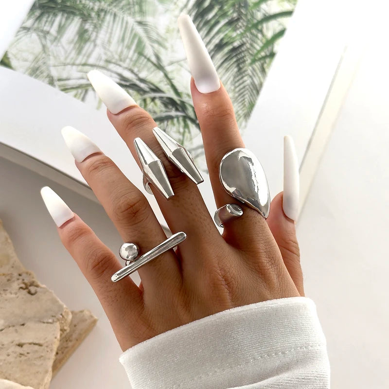Trendy Geometric Gold Silver Color Adjustable Ring Set for Women Party Wedding Jewelry