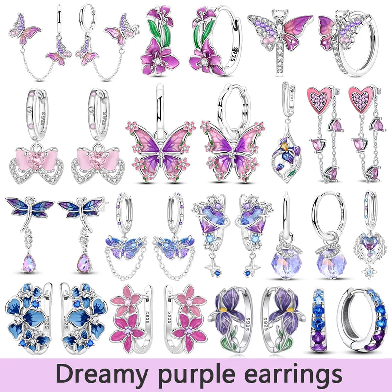 925 Silver Pastel Violet Sparkling Bowknot Hoop Earrings for Women Gift