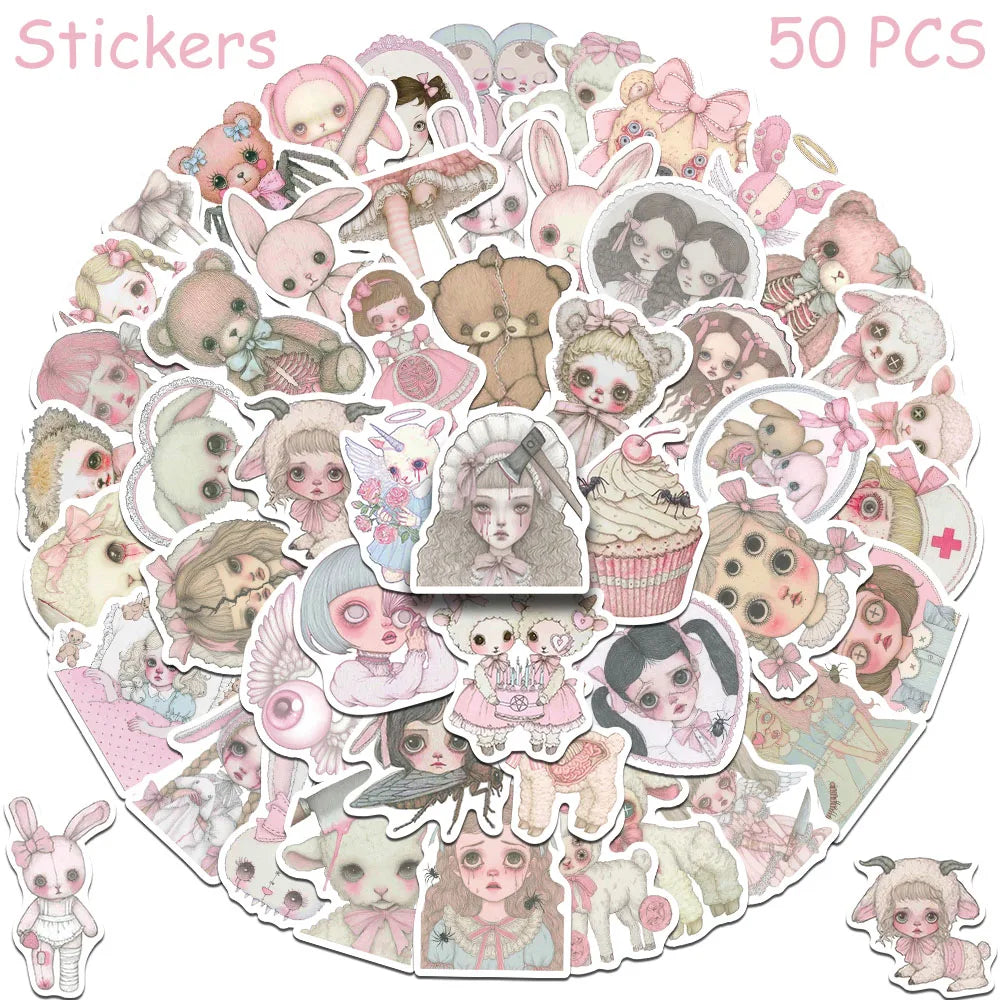 50pcs Pink Creepy Girl Sticker Set Waterproof Vinyl Decals for Laptop Skateboard Suitcase