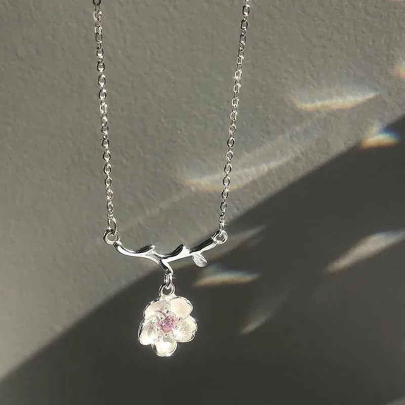 Romantic Cherry Blossom Flower Necklace for Women with Crystal Butterfly and Pearl Pendant – Party Jewelry