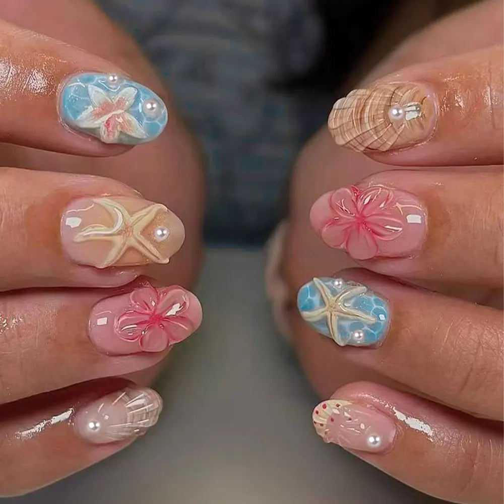 24 Pieces Gel Flower Starburst French Press Nails - Summer Ocean Style Manicure Set