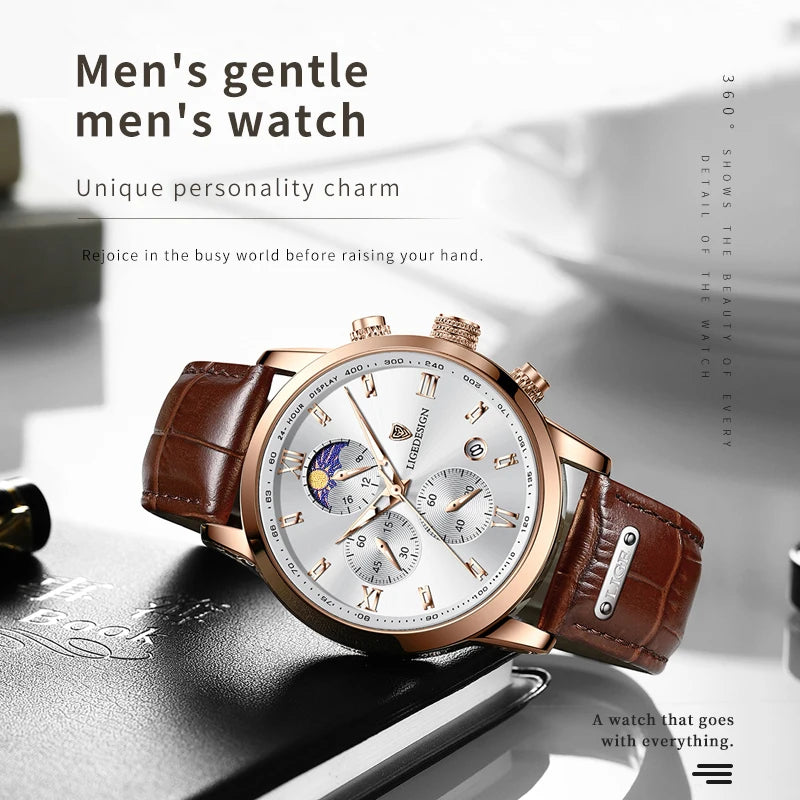 Men's Luxury Leather Waterproof Chronograph Sport Watch - Casual Business Style