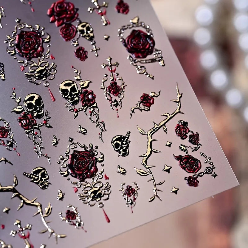 Bronzing Gold Skull & Blood Rose Nail Decals Set - Self-Adhesive Halloween Nail Art