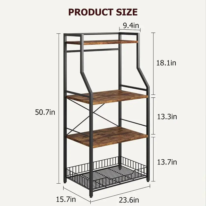 4-Tier Kitchen Storage Rack with Microwave Stand and Hooks - Industrial Style Organizer
