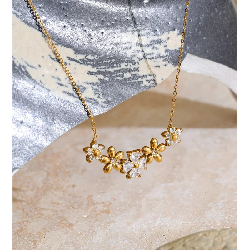 Stainless Steel Zirconia Flower Necklace Pendant 18K Gold Plated Jewelry