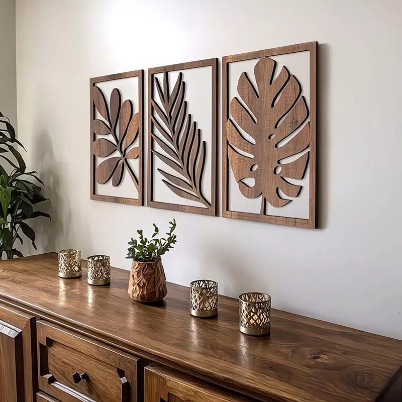 3-Piece Tropical Leaf Wooden Wall Decor Set - Boho Indoor Hanging Art
