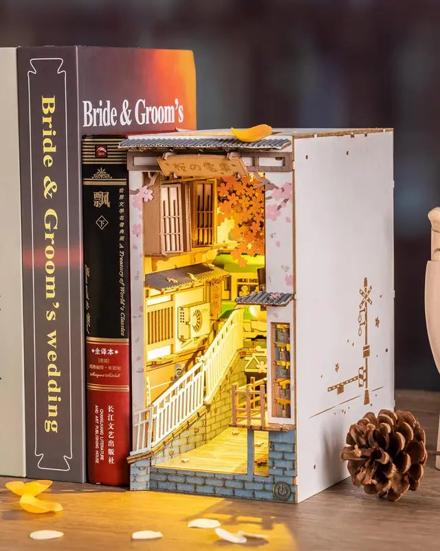 DIY Wooden Book Nook Kit with LED Light - Sakura Densya Japan Miniature House Model