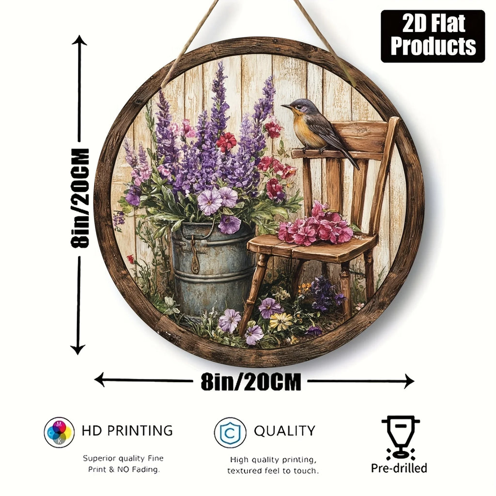 Rustic Wooden Sign with Bird and Flower Murals - 7.87 Inch Home Decor