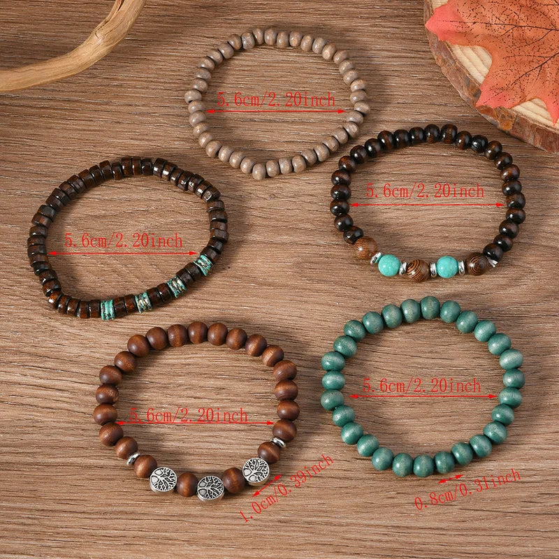 Vintage Ethnic Wooden Beaded Bracelets for Men Multi-Layer Jewelry with Turquoise and Nature Stones