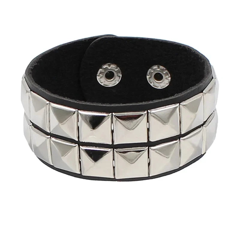Adjustable Punk Rock Leather Bracelet Set with Spiked Studded Cuffs for Men Women 80s Emo Style